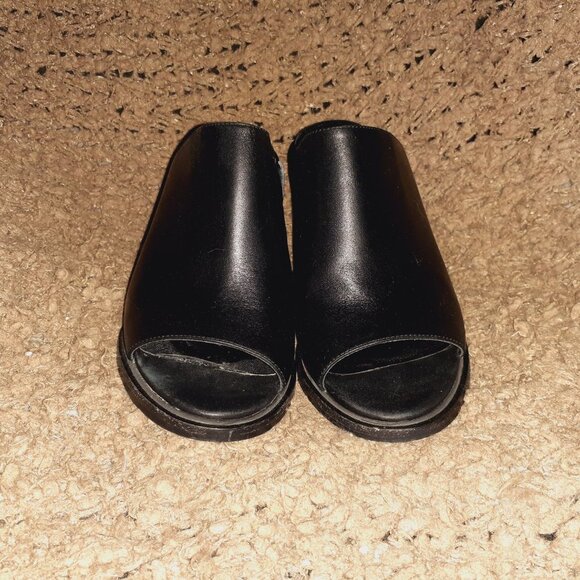 KAT MACONIE-JILLY-Black Leather Mules-Gold Heel-Peep-Toe-Sz 37-6.5 US-Excellent - Picture 3 of 8